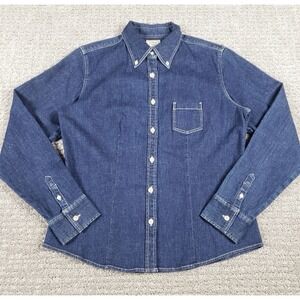 LL Bean Denim Shirt Womens Large Blue Dark Wash Button Down Long Sleeve Outdoors